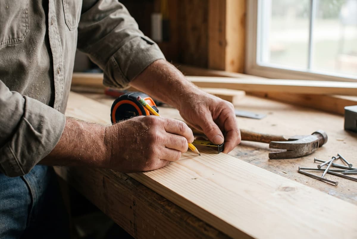 A carpenter marking a measurement on a board with a pencil and tape measure.
