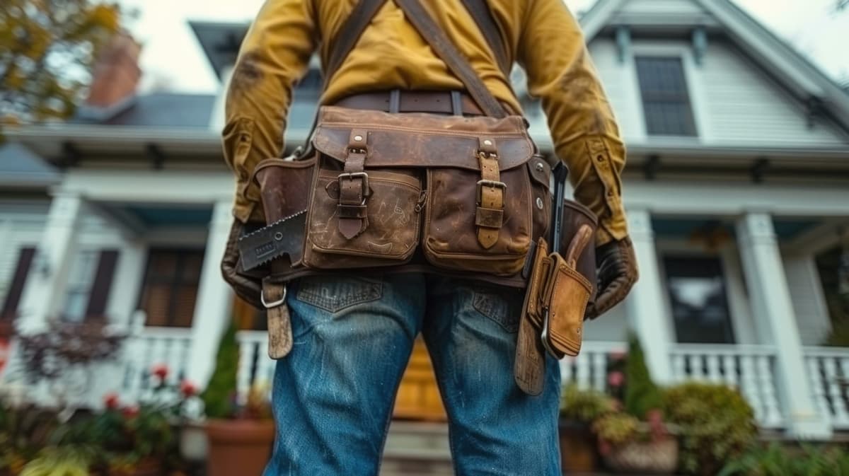 A repair specialist wearing a tool belt, ready to start work.