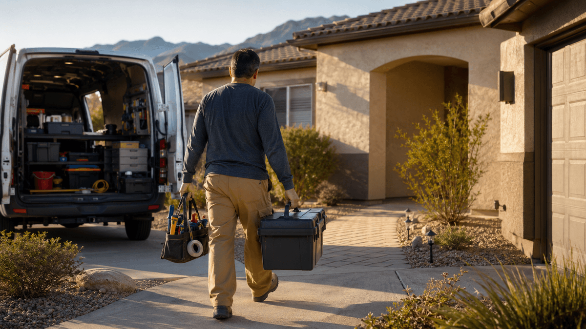 A tradesperson carrying a toolbox toward a stucco home in a desert neighbourhood.