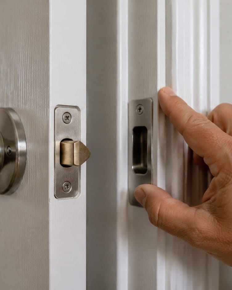 A door latch bolt extended against the strike plate on a painted jamb, with the knob rose in the foreground.