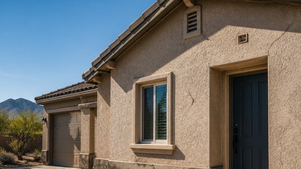 A stucco home exterior in hard desert sunlight.