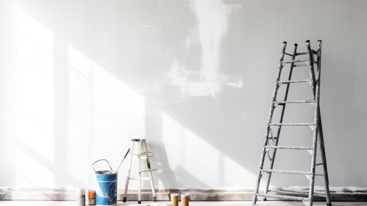 An empty room prepared for painting: ladder, paint tins and brushes in raking daylight.