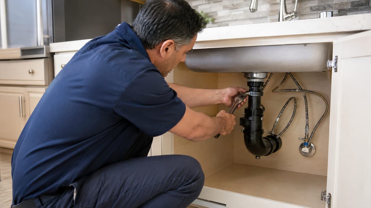 Working on a P-trap in the cabinet under a kitchen sink.